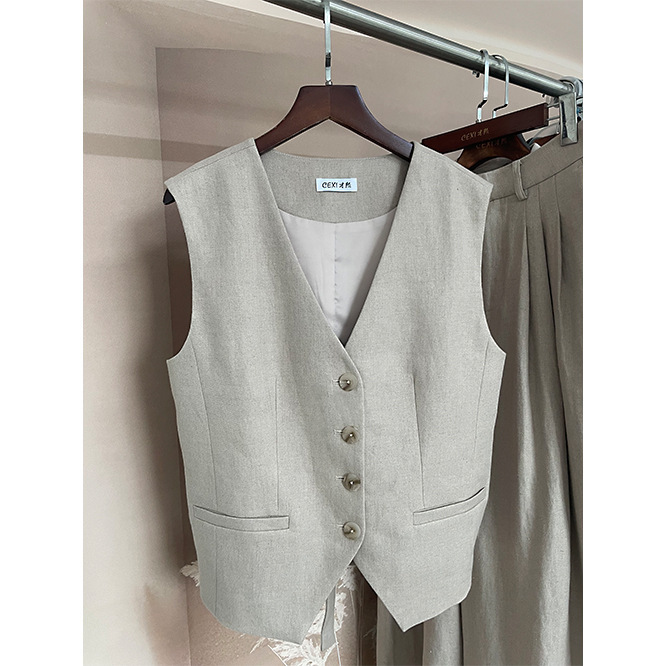 100% Linen Vest Women's High-End Top Versatile 2024 Autum New Style Lazy Style Simple Old Money Style
