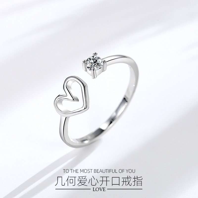 Anillo de dedo índice de boca abierta estilo japonés y coreano hueco en forma de corazón creativo plata esterlina S925 anillo geométrico en forma de corazón de niña