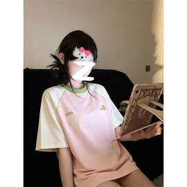 实价 纯棉 螺纹领口 +后包边 撞色拼接+前后刺绣短袖恤女