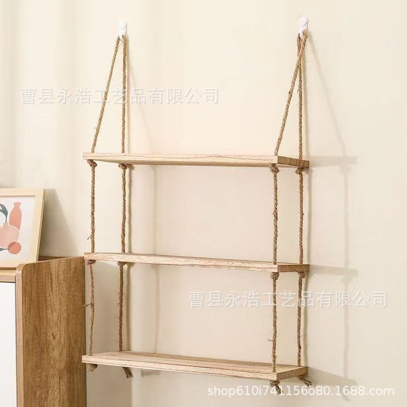 3단 나무색 대마줄 칸막이 수납선반