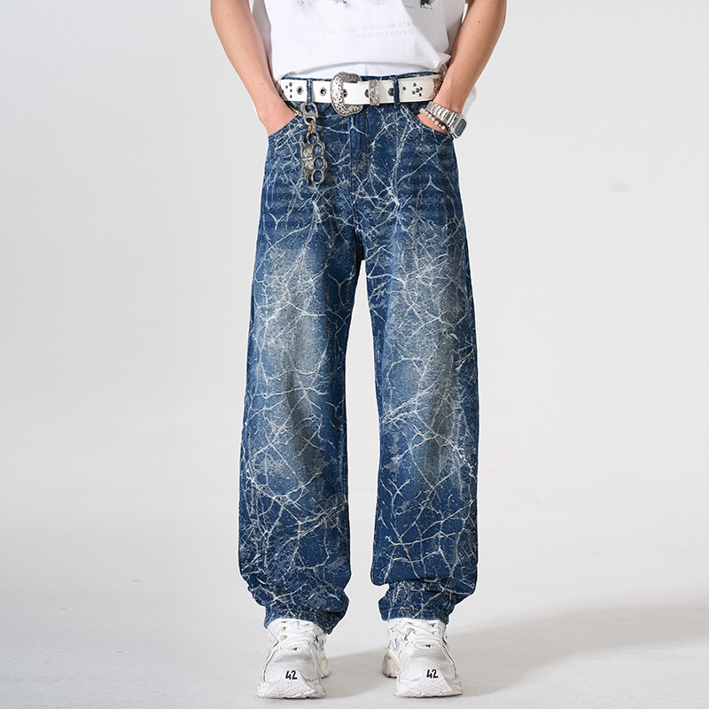 Men's Loose Straight Leg Jeans High Street Lightning Print Retro Cool Wide Leg Trousers For Spring Autumn_mkmklike.com
