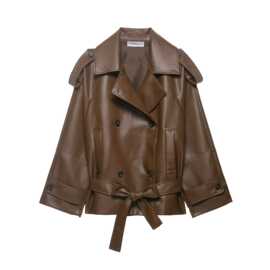 速卖通女装批发春季新款皮衣外套翻领双排扣系腰带仿皮短款风衣