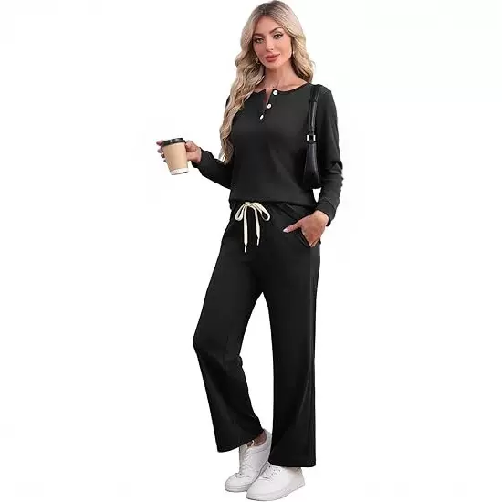 跨境秋季新品时尚女式休闲套装两件套扣领运动裤带口袋套装