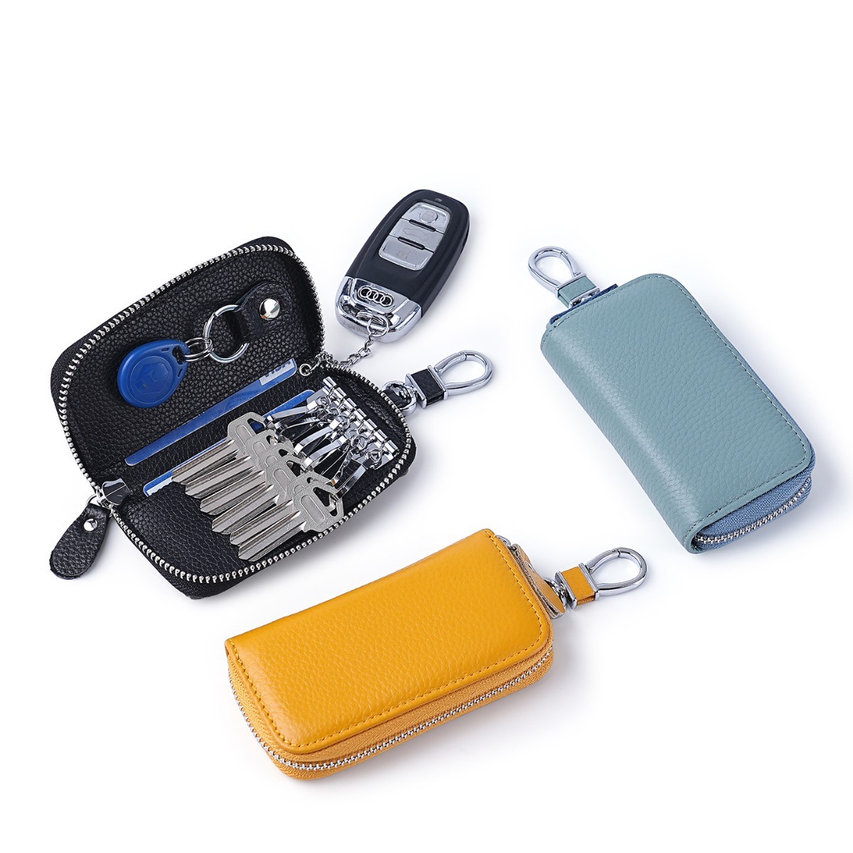 Genuine Leather Car Key Case, Dual-Purpose Key Storage Bag for Home Use, with Detachable Access Card Keychain, Car Key Case