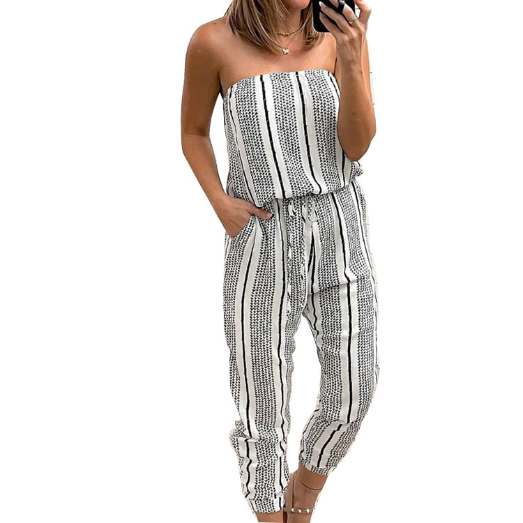 summer new style striped wrap chest sleeveless casual lace jumpsuit NSHHF62710