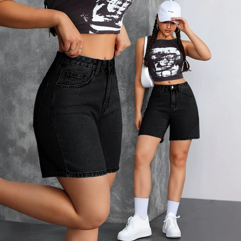 2026 Summer European and American High-Waisted Black Denim Shorts for Hot Girls, Fashionable Women's Stretch Slim-Fit Straight-Leg Shorts 2026 Summer European and American High-Waisted Black Denim Shorts for Hot Girls, Fashionable Women's Stretch Slim-Fit Straight-Leg Shorts