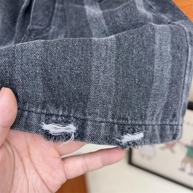 Boys summer American distressed shorts, children's dark cut denim loose casual pants, 5/4 pants_voghion.com