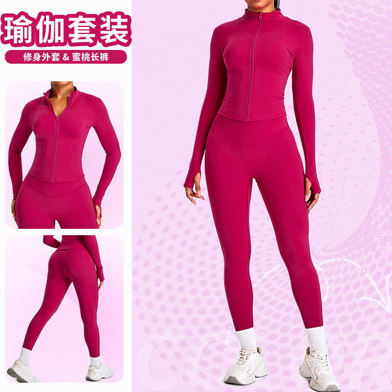 Traje de ropa de yoga nuevo transfronterizo para mujer al aire libre delgado con cremallera chaqueta de yoga con nalgas de melocotón pantalones de yoga