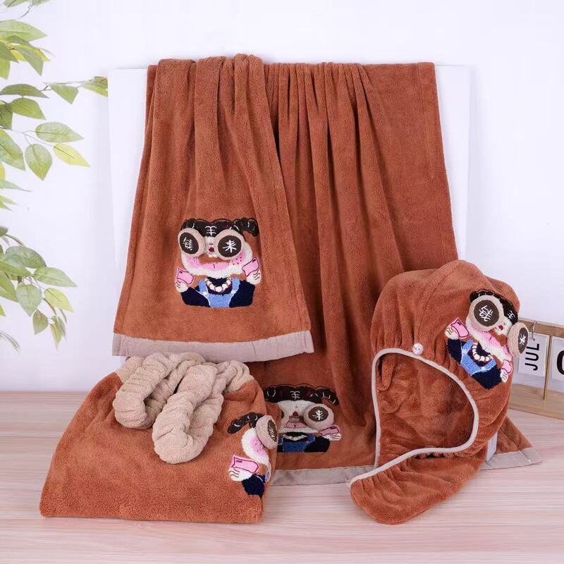 Cross-Border Embroidery Coral Fleece Bath Towel, Shower Cap, Towel, Bath Skirt Four-Piece Set, Spring Style Camisole-Style