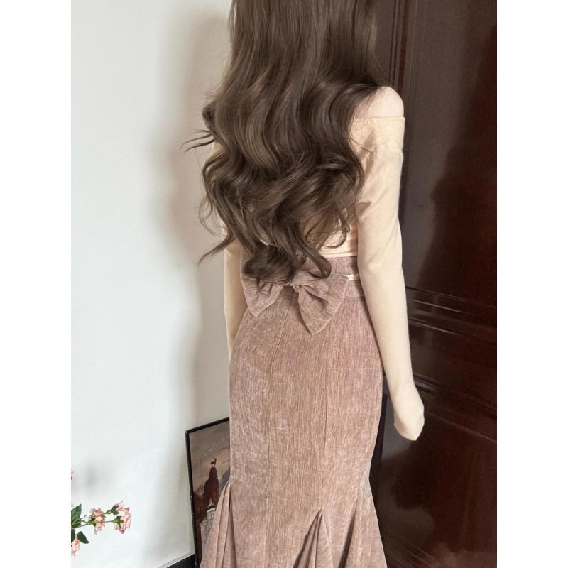 纯欲风假两件挂脖恤套装女秋冬高腰包臀鱼尾半身裙甜美露肩上衣|undefined