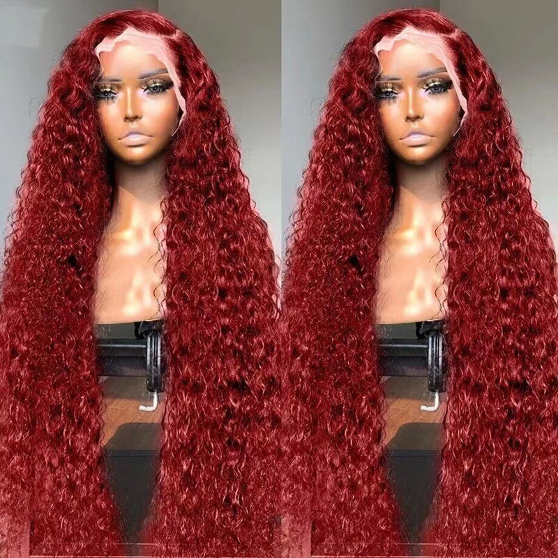 Amazon New Foreign Trade European and American Wig Front Lace wine red Small Roll Long Curly Hair European and American Lace Wig Headgear