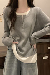 灰色假两件针织衫女修身显瘦春秋季2025新款宽松内搭打底衫上衣潮