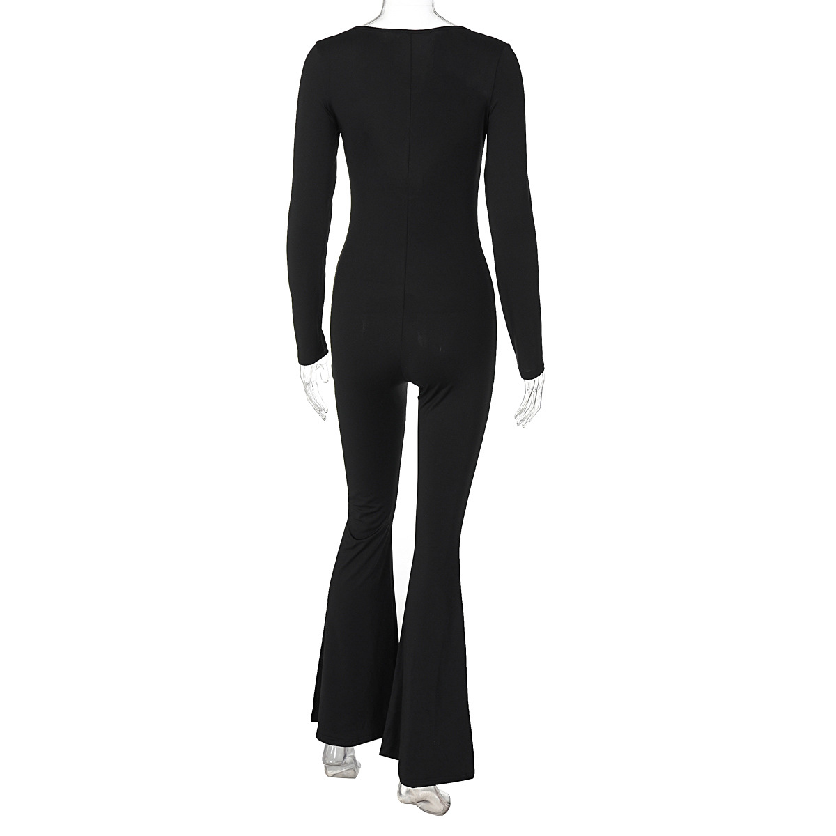 Women Clothing Autumn Solid Color Long Sleeve Flared Pants V Neck Skinny Jumpsuit Women