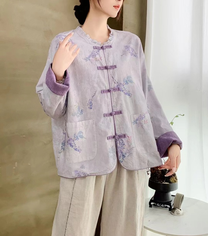 2025秋款新中式印花开衫外套女木耳领复古撞色盘扣外搭开衫上衣|undefined