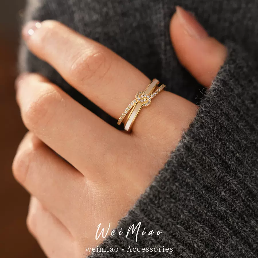 14K真金电镀镶锆石贝母打结双层开口戒指小众高级感指环气质手饰