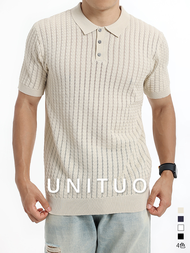 2026 nuevo polo de punto de verano hombre manga corta retro estriado collar transpirable de negocios chaqueta casual