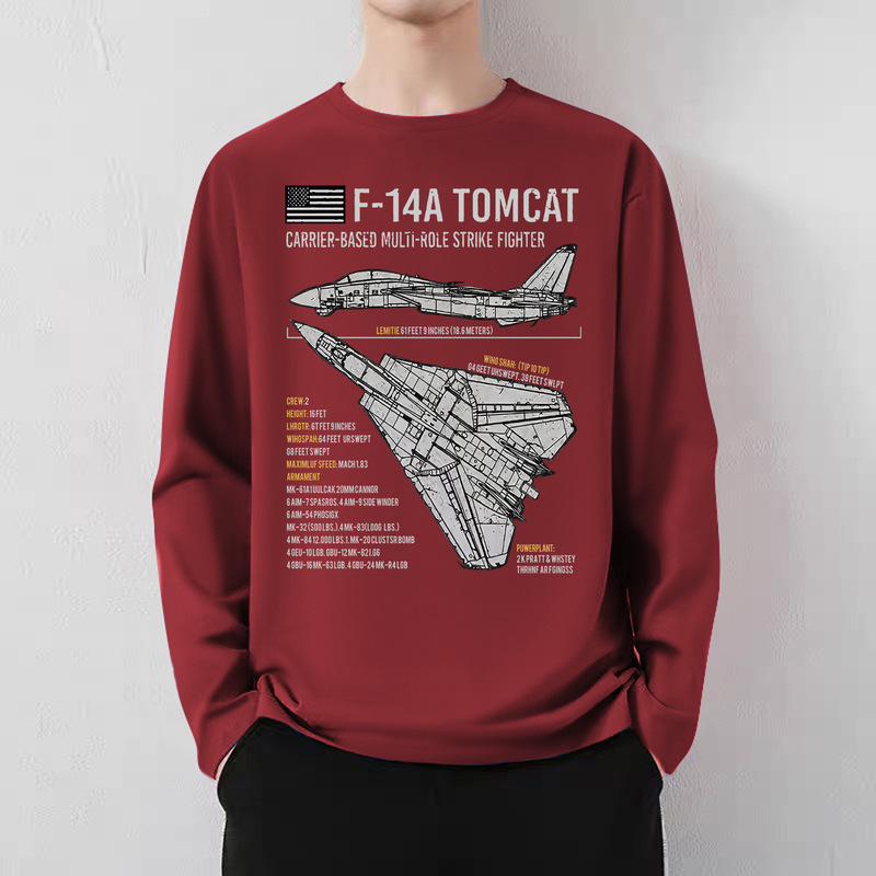 Autumn and Winter American Long Sleeve T-Shirt Loose Cotton F14 Tomcat Fighter Printed Round Neck F-14 fighter Trendy Autumn and Winter American Long Sleeve T-Shirt Loose Cotton F14 Tomcat Fighter Printed Round Neck F-14 fighter Trendy