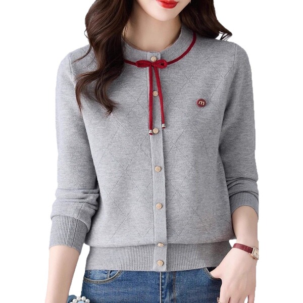 Autumn knitted cardigan with a round collar
