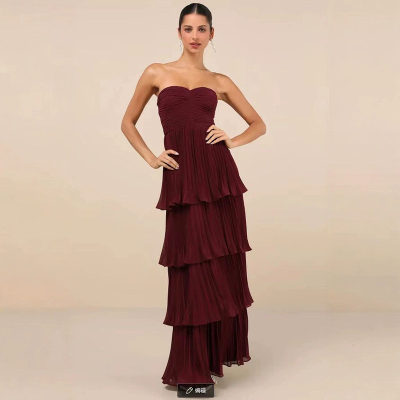 European and American Sexy Women's Clothing Cross-Border Amazon New Strapless Waist-Cinching Layered Pleated Evening Dress