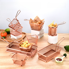 餐廳迷你薯條籃不鏽鋼小號方形玫瑰金色小食油炸籃小吃食物籃子