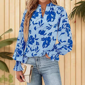 亚马逊跨境热销新款女装撞色花卉V领荷叶边褶皱长袖套头休闲衬衫