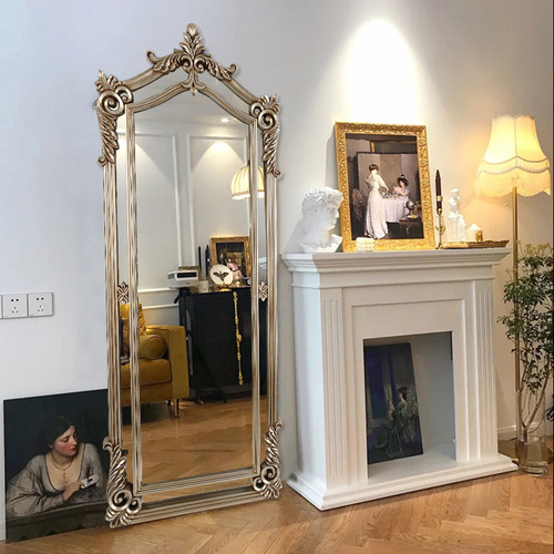 Full-Length Mirror with European Carved Scrollwork Vintage Dressing Mirror, Salon Full-Length Mirror, PU Floor Mirror