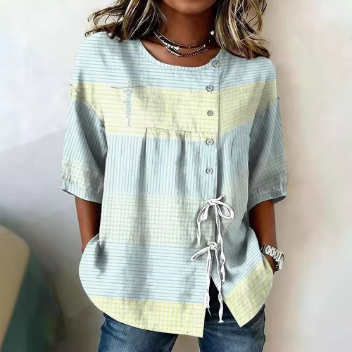 Cross-Border Style Women's Long-Sleeved Shirt, Printed Top, Long-Sleeved Women's Shirt, Women's Long-Sleeved Shirt with Tie