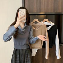 女士衬衫秋装长袖条纹设计感小众拼接针织马甲时尚洋气时髦上衣服