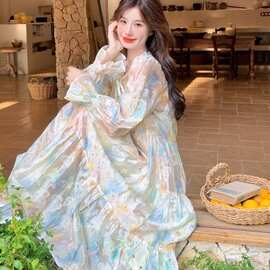 气质女神范度假风欧根纱法式印花浪漫茶歇长裙新款温柔连衣裙女春