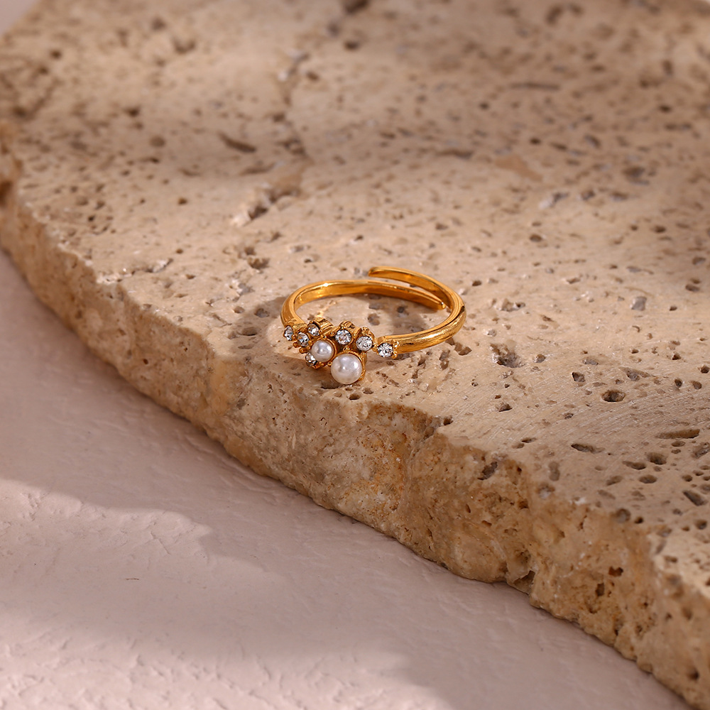 Fashion Geometric Stainless Steel Inlay Artificial Pearls Zircon Open Ring 1 Piece