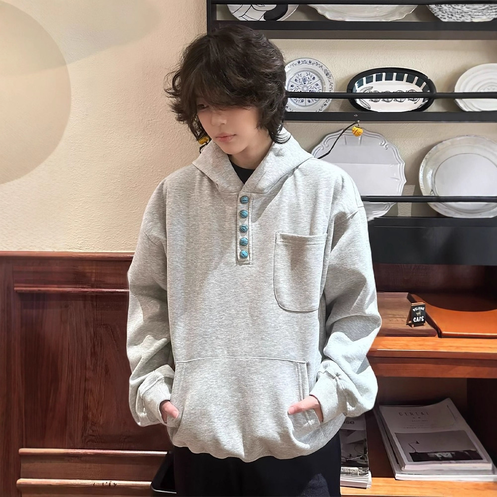 Retro Turquoise Hoodie For Men With Buttons And Hood_voghion.com