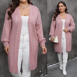 Women's Cross-Border European and American Plus-Size Women's Clothing Cut Out Autum New Cardigan Woven Air-Conditioned Sweater Jacket F657