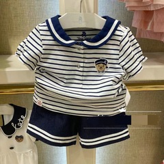2024夏季新款小熊條紋女童海軍學院風短袖韓版中小童短袖t恤