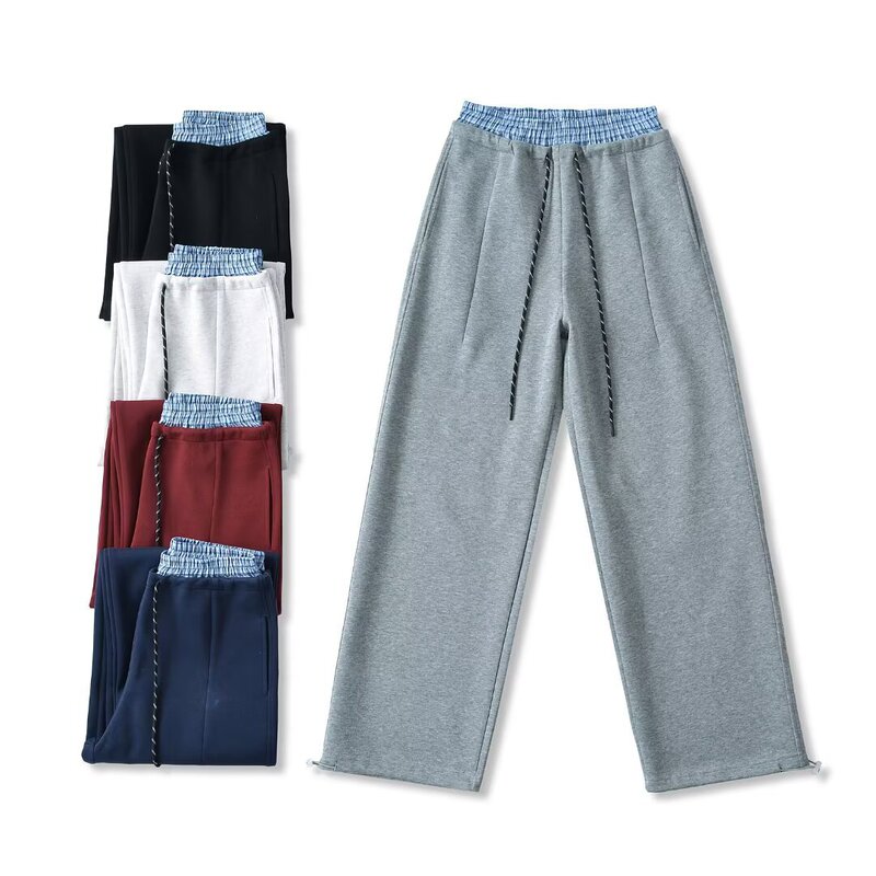 Y1927-26 Spring New Style French Drawstring Elastic Double Waistband Plaid Patchwork Loose Wide-Leg Casual Pants