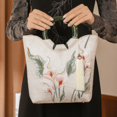 Lily embroidery wooden-handled top-handle bag, ancient-style cheongsam banquet ethnic national folk Hanfu top-handle bucket bag