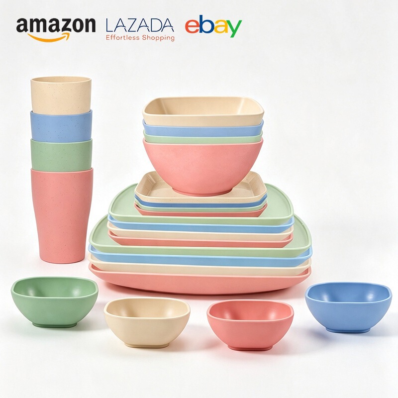 Amazon Wheat Straw Square Bowl, Plate, Cup 24PCS Household Steak Dinner Plate Soup Bowl Sauce Dish Set Amazon Wheat Straw Square Bowl, Plate, Cup 24PCS Household Steak Dinner Plate Soup Bowl Sauce Dish Set