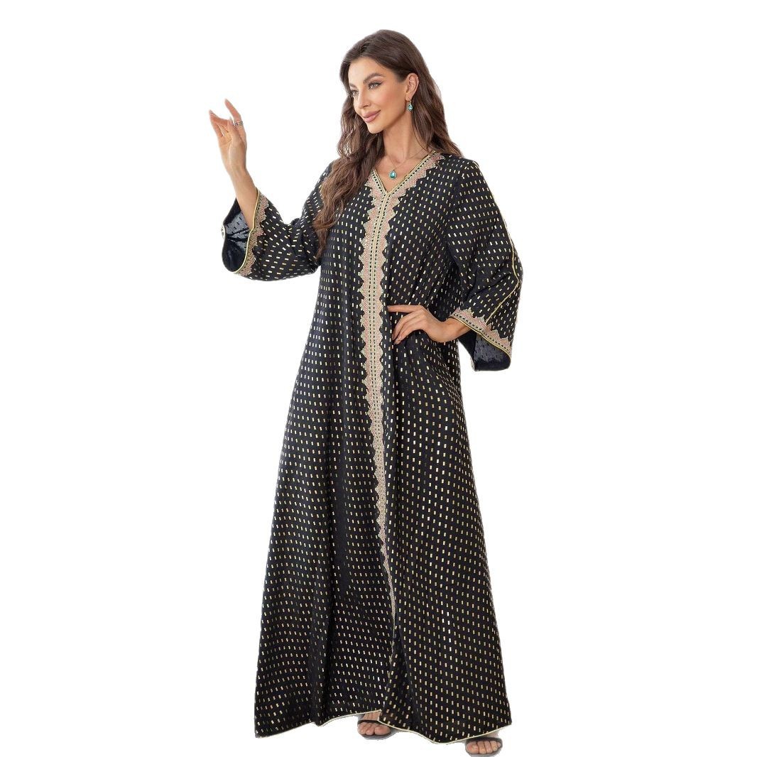 2025 Spring Middle Eastern And European Foreign Trade Muslim Robe With Gold Embossing, Simple Lace, Slim Fit, Dubai_voghion.com