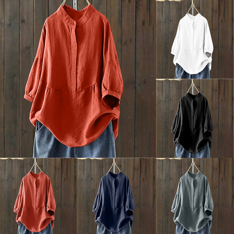 Korean Style New Shirt Collar Single-breasted National Style Solid Color Pullover Long-sleeved Large Size Women's Autumn and Winter Shirt