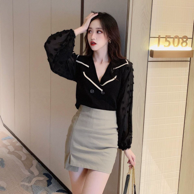 Шифоновый вязаный топ в стиле пэчворк с пышными рукавами