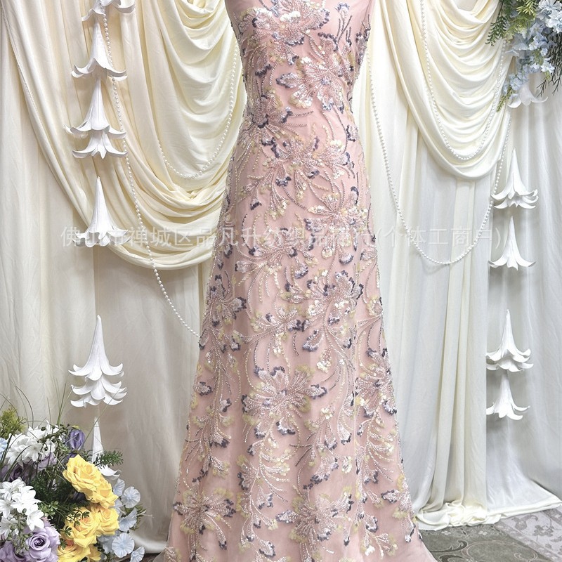 Nuevo fresco clavos de cuentas sequinilla tela de malla bordada floral de color brindis de novia vestido de noche tela image 1