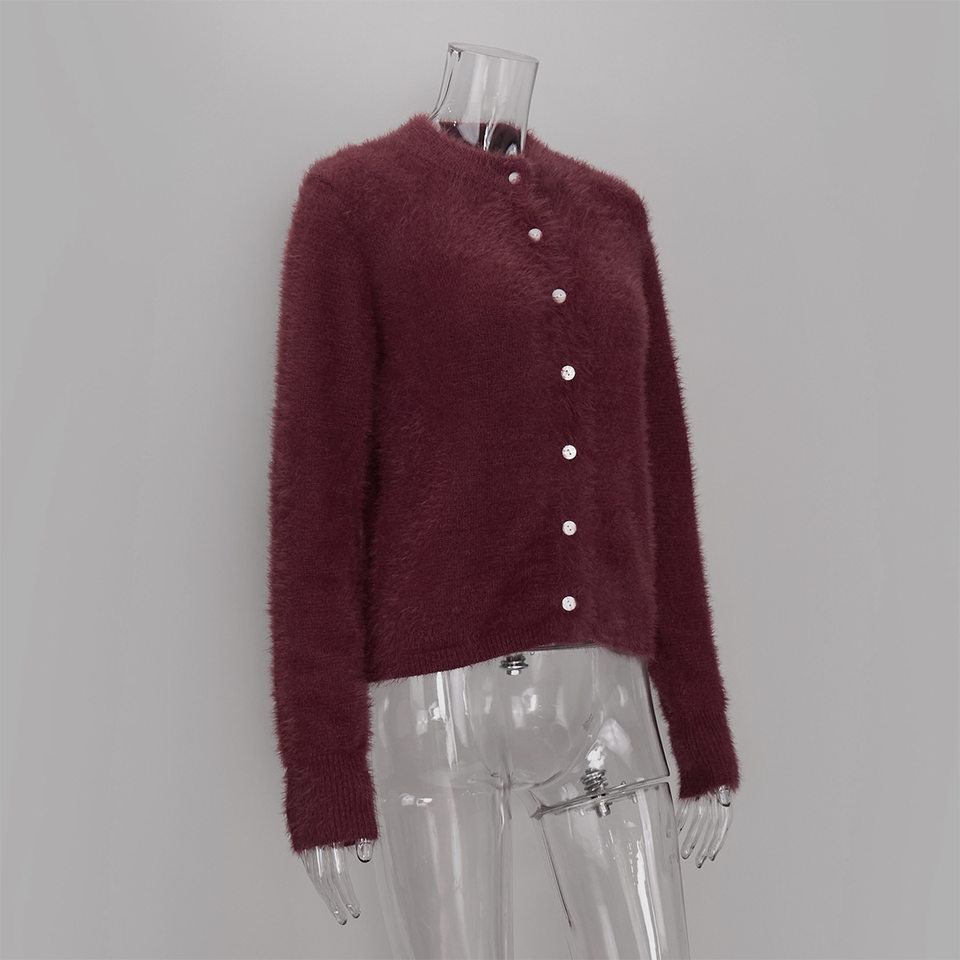 Áo khoác cardigan len nữ dáng ôm cổ tròn tay dài một hàng cúc chất liệu lông mềm mại — Màu hồng, Màu trắng, Màu xám nhạt, Xanh đậm chi tiết 47