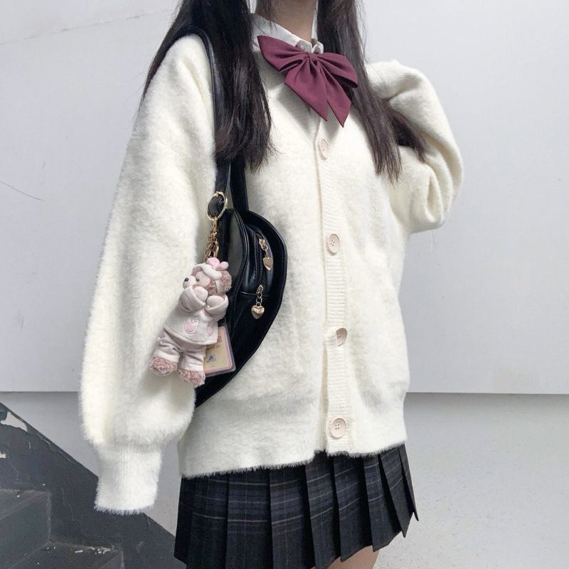 秋冬季新款防水貂绒JK制服针织衫开衫外套泡泡袖宽松百搭毛衣上衣