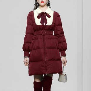 Winter New Women's Clothing Jujube Red Mid-length White Duck Down Jacket Thickened Tight Waist Bread Clothing Trendy