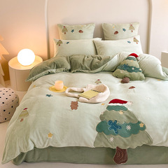 小清新秋冬加厚雙面牛奶絨四件套可愛聖誕樹刺繡保暖被套床上用品