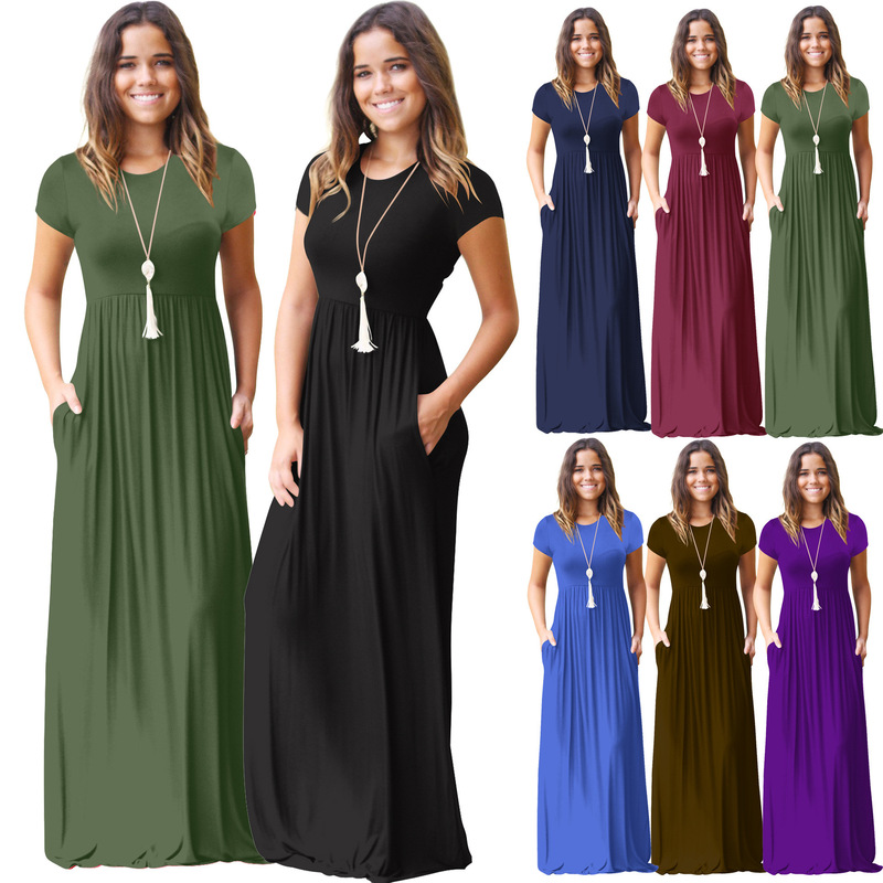2023 European and American Women's New Solid Color Dress Amazon AliExpress Summer Hot Short Sleeve Pocket dress