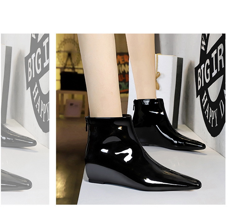 ShoeVault 6632-1 Korean Style Fashion Versatile Hidden Wedge Heel Shiny Patent Leather Short Slimming Women's And Ankle Boots_vogvips.com