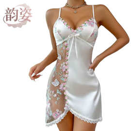 跨境性感蕾丝睡衣女夏吊带刺绣家居服情趣睡裙ночной сарафан批发