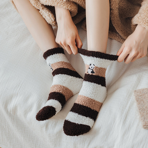 New autumn and winter cartoon panda coral velvet socks for women thickened warm half velvet towel floor home sleeping socks
