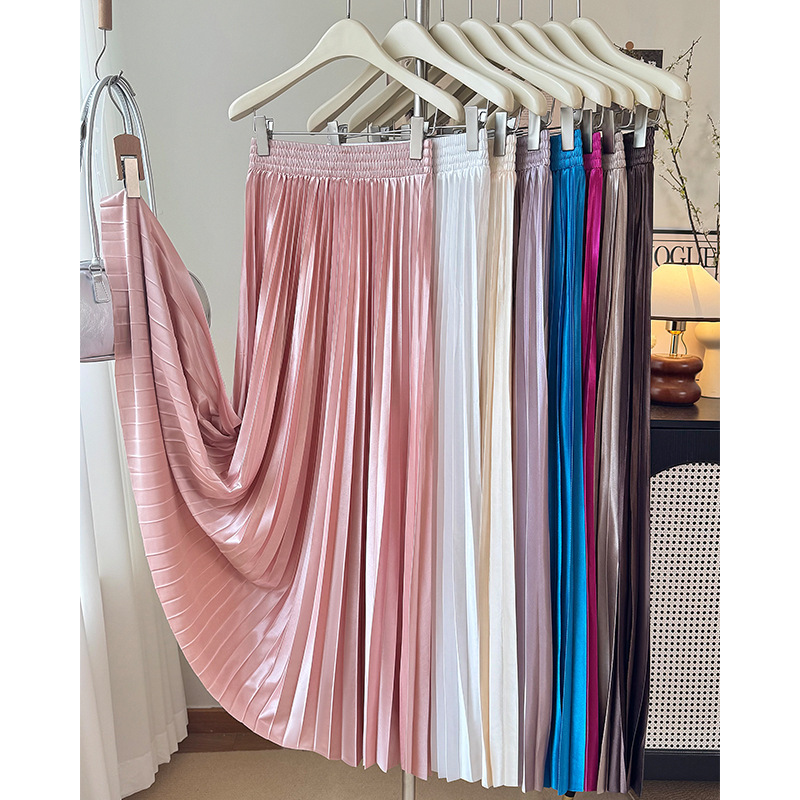 High-End Water-Gloss Satin Pleated Skirt for Women Summer 2025 New High-Waist Slimming Look A-Line Long Skirt