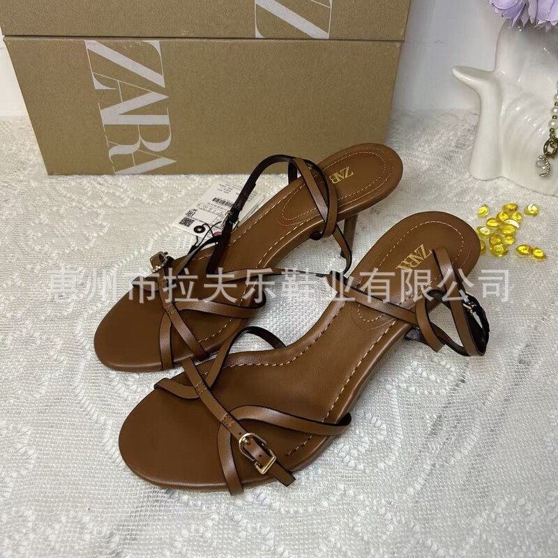 Za Spain 2025 New Autum Women's Shoes Brown One-Line Strap Round Toe High-Heeled Sandals